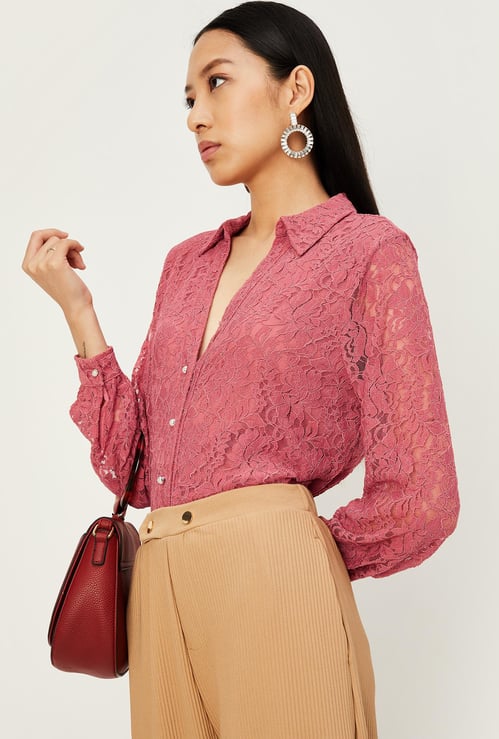 Women Pearl Button Lace Blouse