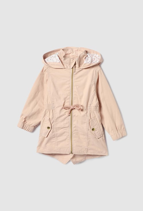 Girls Hooded Drawstring Waist Longline Jacket