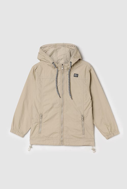 Boys Solid Hooded Jacket with Drawcord Hem