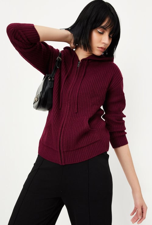 Women Ribbed Hooded Sweater