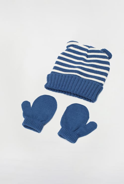 Boys Striped Beanie & Mitten Set