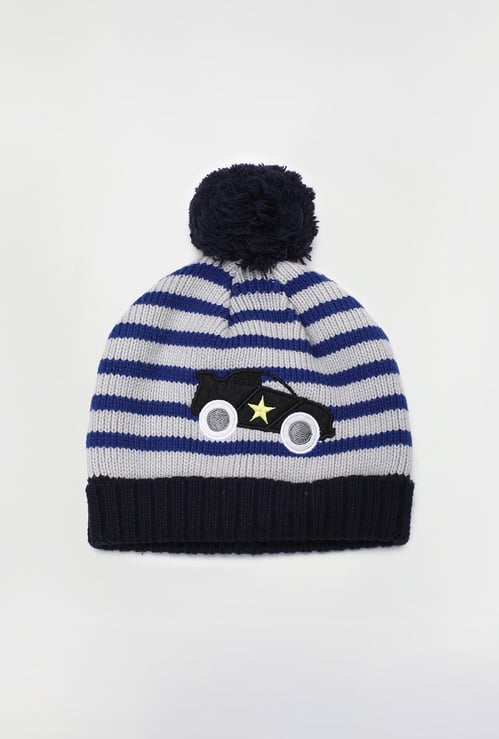 Women Striped Beanie with Pom-Pom Detail