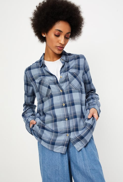 Women Plaid Checked Shirt with Double Pockets