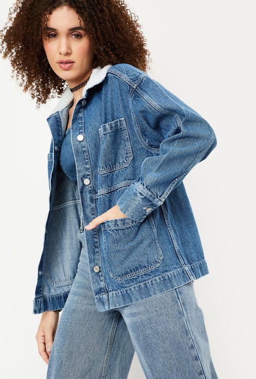 Women Denim Jacket with Teddy Collar