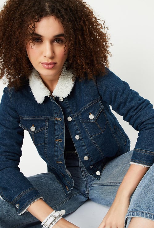 Women Teddy Collar Denim Jacket