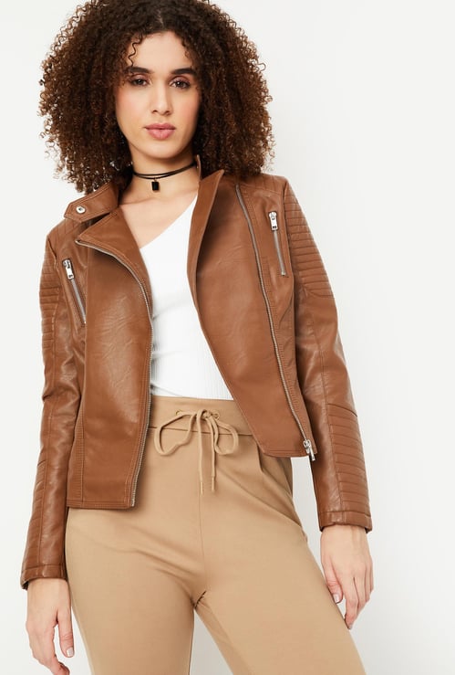 Women Solid Asymmetric Zip Biker Jacket