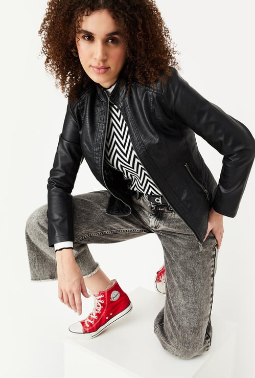 Women Solid Mock Collar Biker Jacket