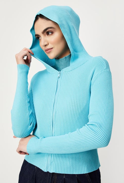 Women Ribbed Hooded Jacket