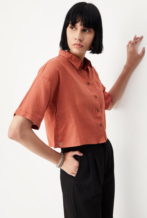 Women Solid Boxy Crop Shirt