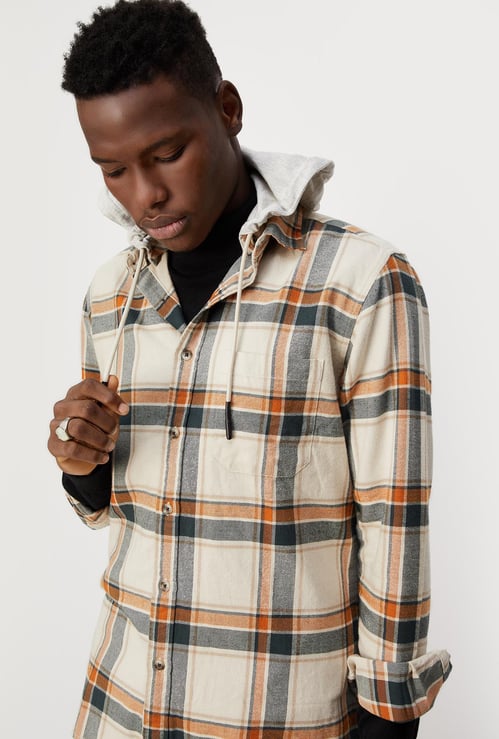 Men Checked Hooded Shirt