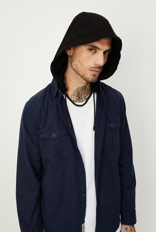 Men Solid Hooded Regular Fit Shirt