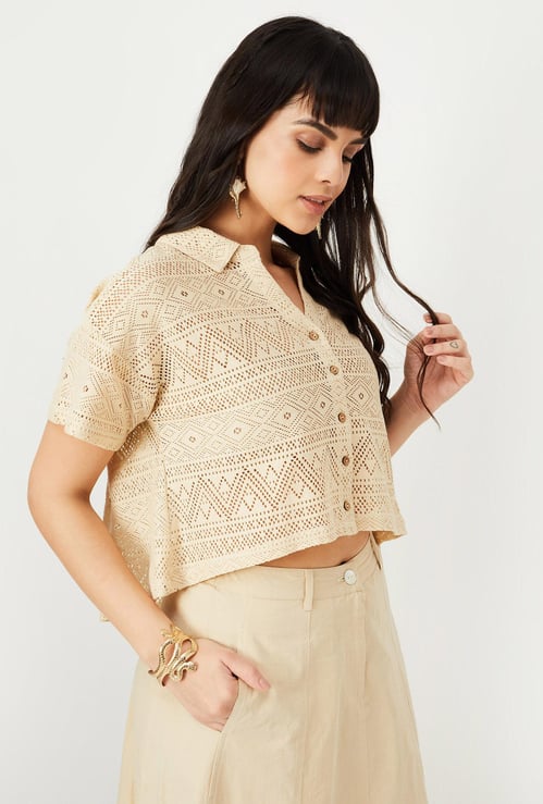 Women Crochet High-Low Hem Shirt