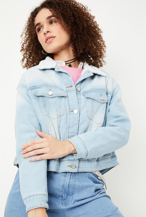 Women Washed Denim Jacket with Teddy Collar