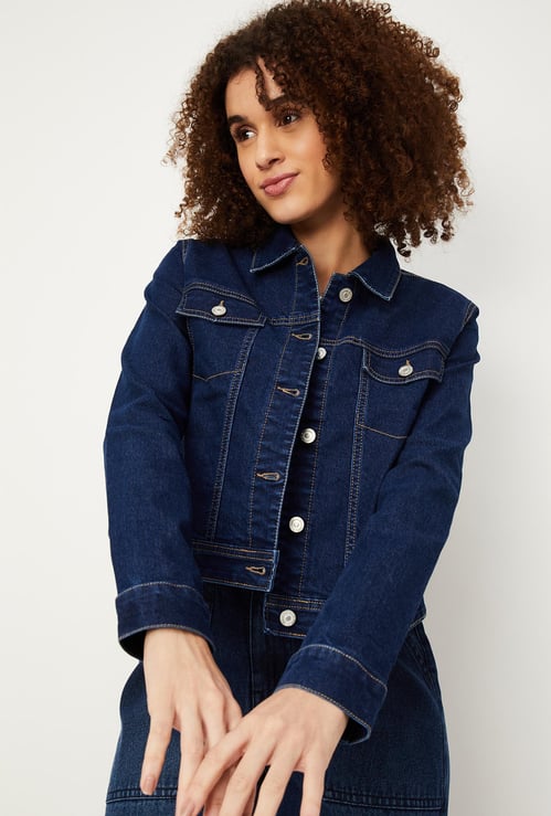 Women Solid Flap Pockets Denim Jacket