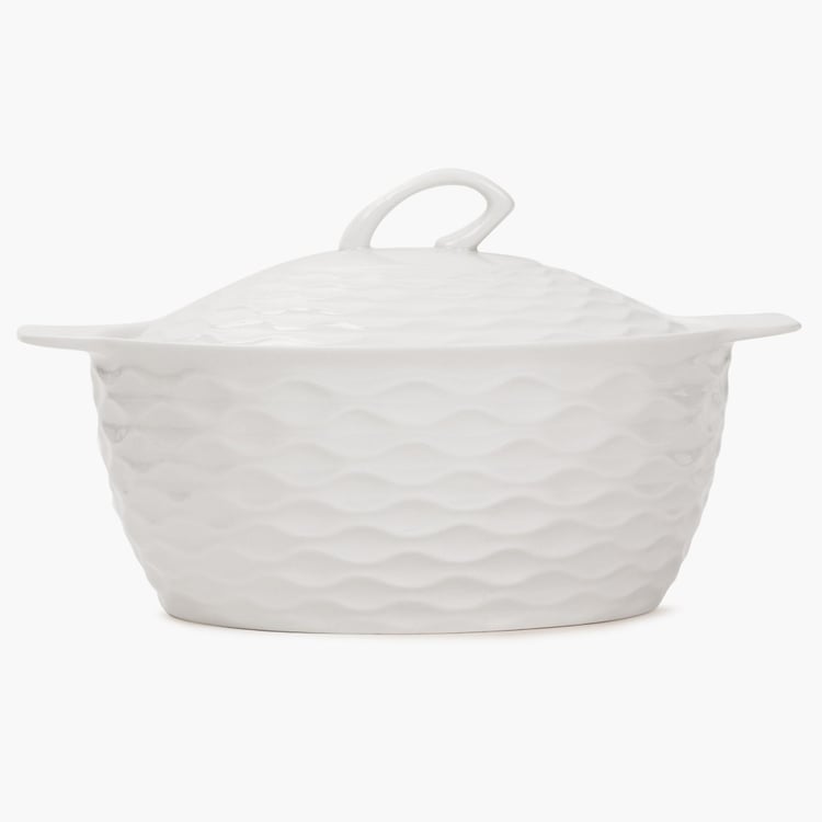 Brook Textured Serving Bowl - Ceramic -1000 ml -Pc Ceramic Sauce Pot 22.7 cm  L x 18.7 cm  W x 13.3 cm  H -White -Microwave Compatible