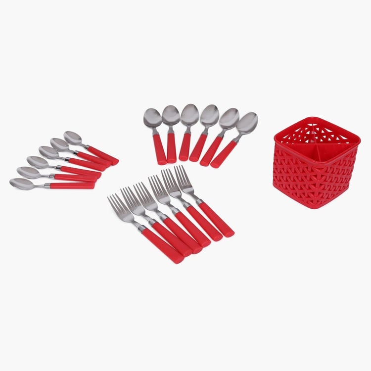 Fresca Solid Cutlery Set - Stainless Steel - Dinner Fork - 19.4 cm x 2.3 cm - Dinner Spoon 19.4 cm x 4.4 cm - Cutlery Holder 12 cm x 12 cm x 10.5 cm - Red