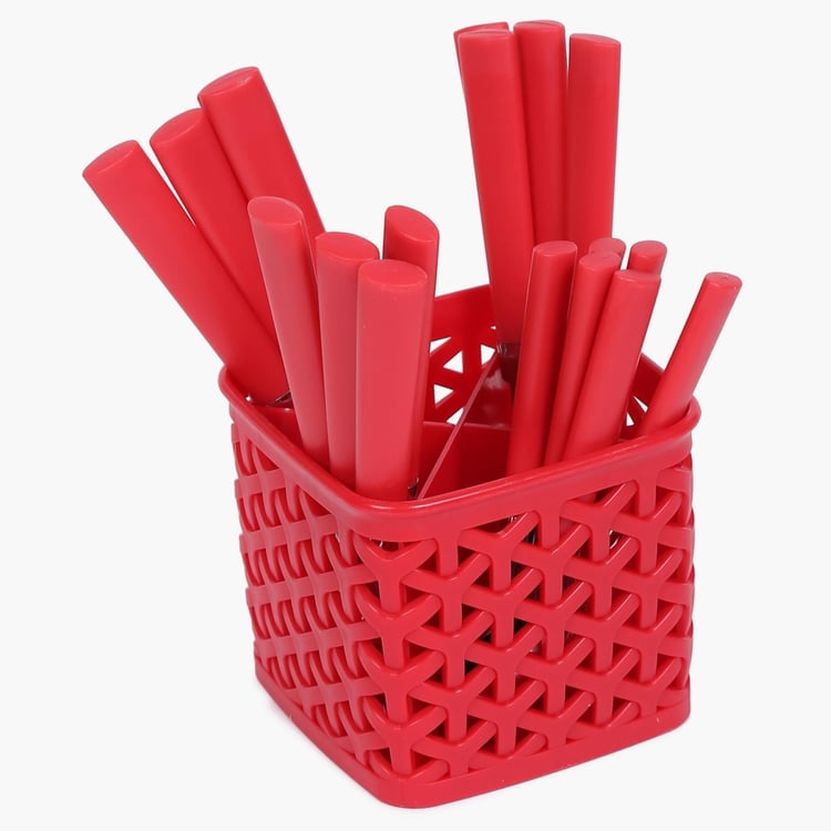 Fresca Solid Cutlery Set - Stainless Steel - Dinner Fork - 19.4 cm x 2.3 cm - Dinner Spoon 19.4 cm x 4.4 cm - Cutlery Holder 12 cm x 12 cm x 10.5 cm - Red