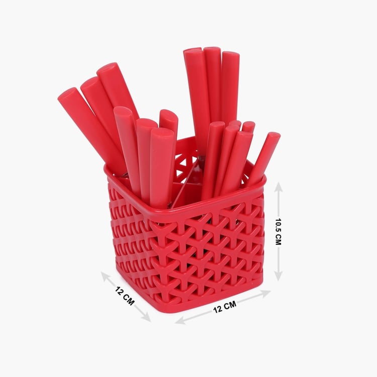 Fresca Solid Cutlery Set - Stainless Steel - Dinner Fork - 19.4 cm x 2.3 cm - Dinner Spoon 19.4 cm x 4.4 cm - Cutlery Holder 12 cm x 12 cm x 10.5 cm - Red