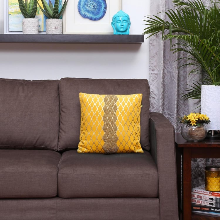 Matrix Marigold Foil Printed Embellished Filled Cushion - 40 x 40 CM