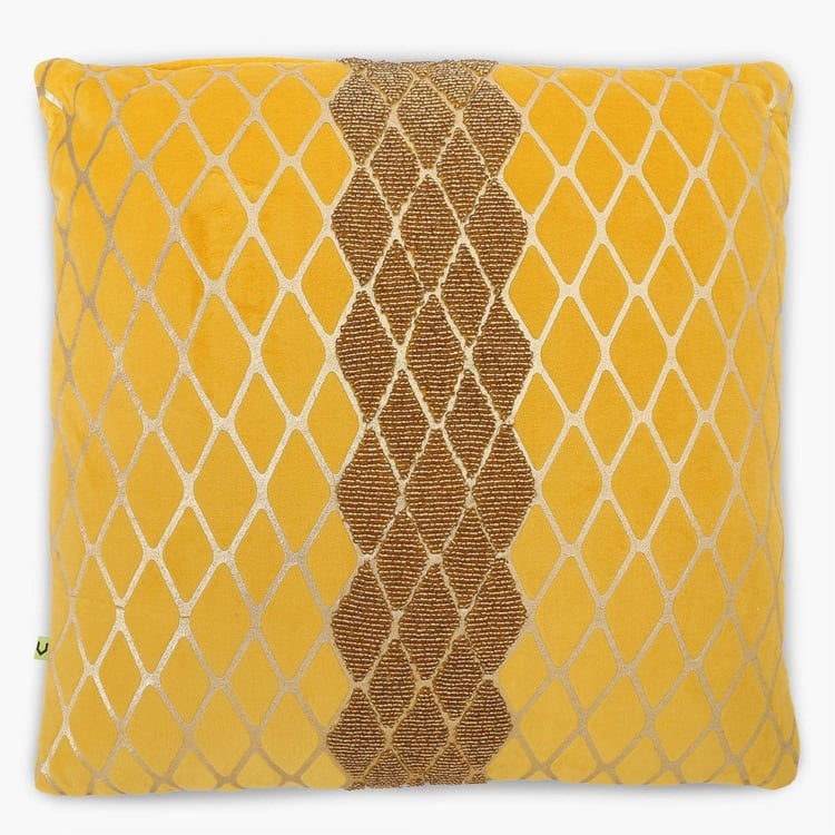 Matrix Marigold Foil Printed Embellished Filled Cushion - 40 x 40 CM