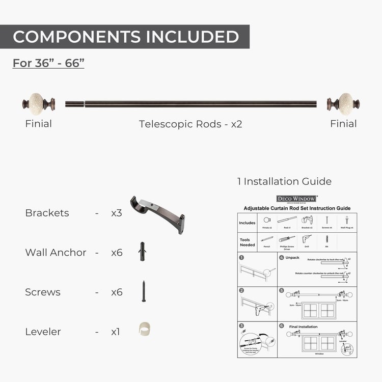 DECO WINDOW Brown Iron Adjustable Curtain Rod With Patterned Finials - 162cm