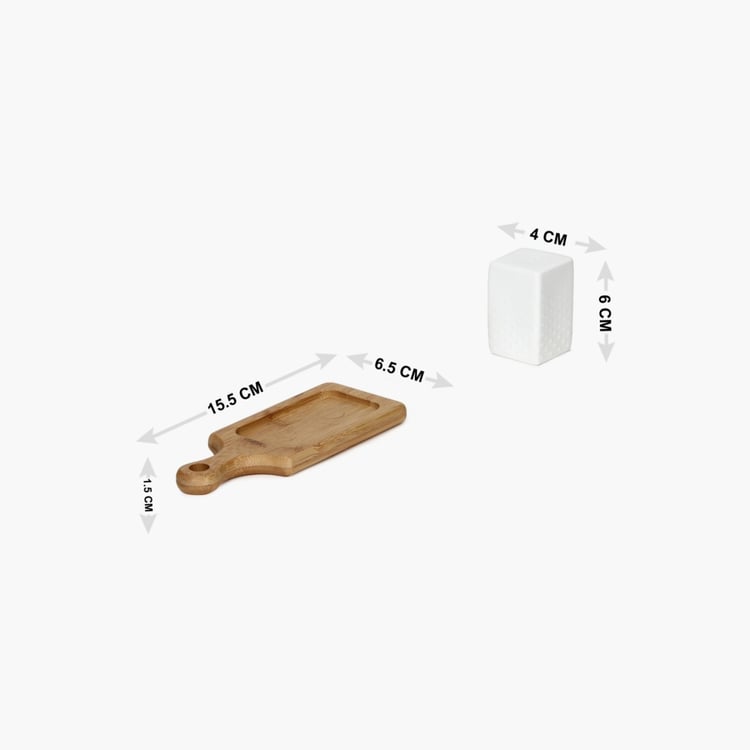 Porcelain Salt & Pepper Shaker With Bamboo Tray