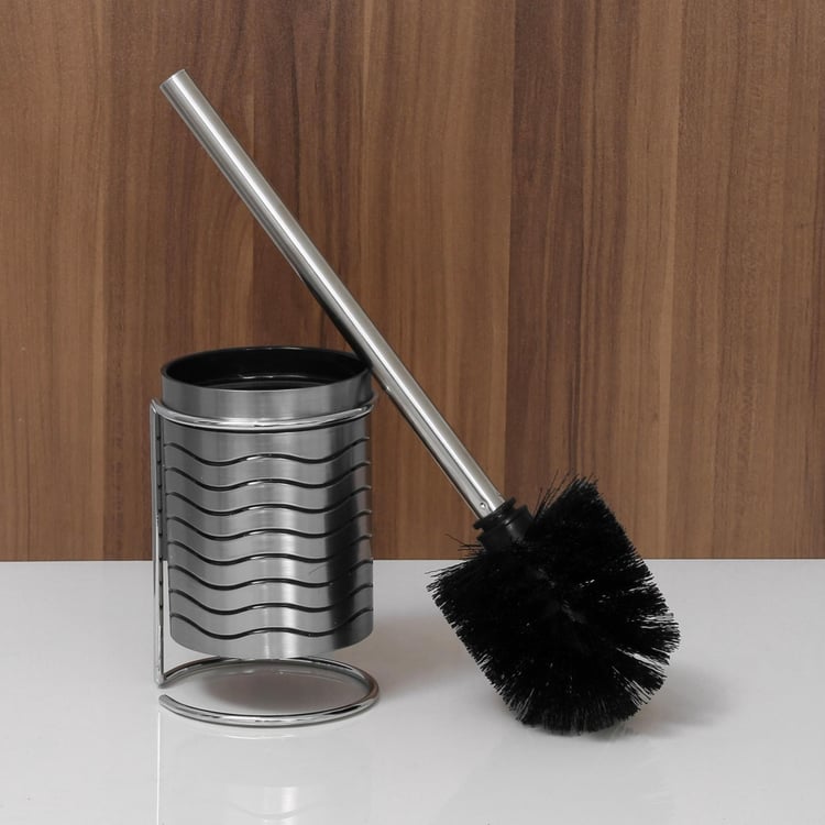 Hudson - Grey Textured Round Polyresin Toilet Brush & Brush Holder Set - 2Pcs