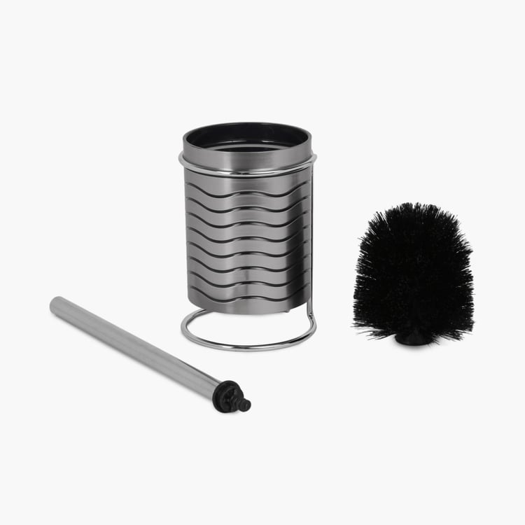 Hudson - Grey Textured Round Polyresin Toilet Brush & Brush Holder Set - 2Pcs