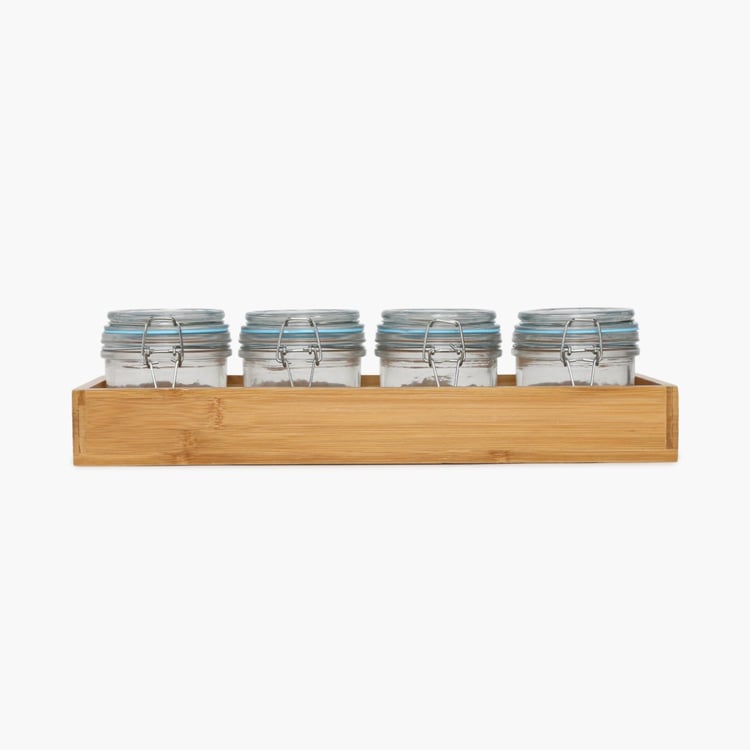 4 Spice Jar & Wooden Stand Set