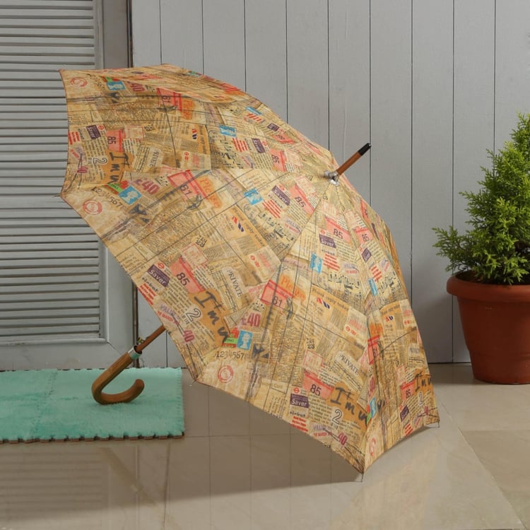Monolith Printed Newspaper Wooden U Handle Umbrella