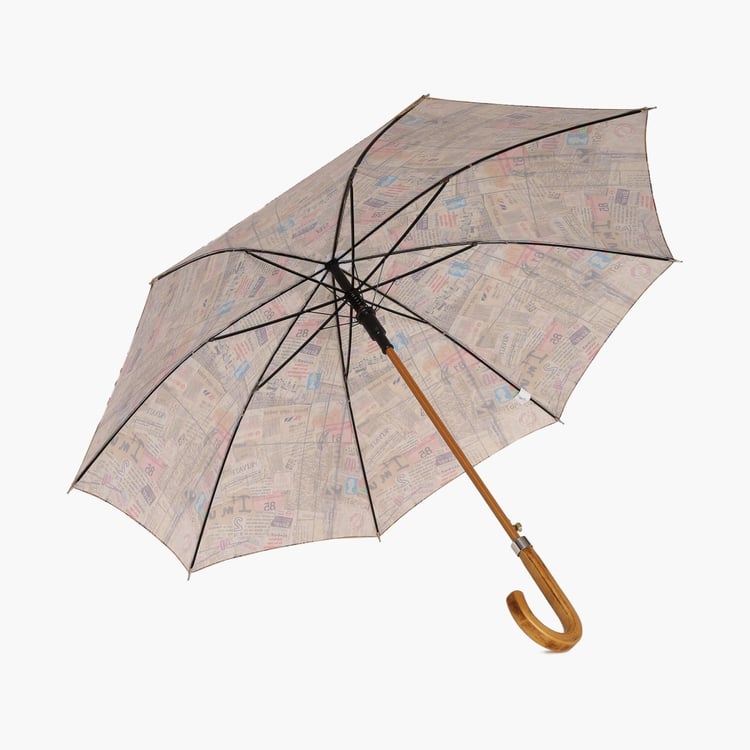 Monolith Printed Newspaper Wooden U Handle Umbrella