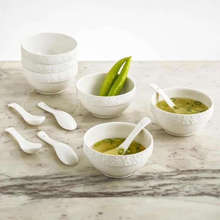 Theon Solid Sets - Porcelain - Soup Bowl 11 cm x 11 cm x 6 cm, 13 kg - Spoon 4 cm -White -Microwave Compatible