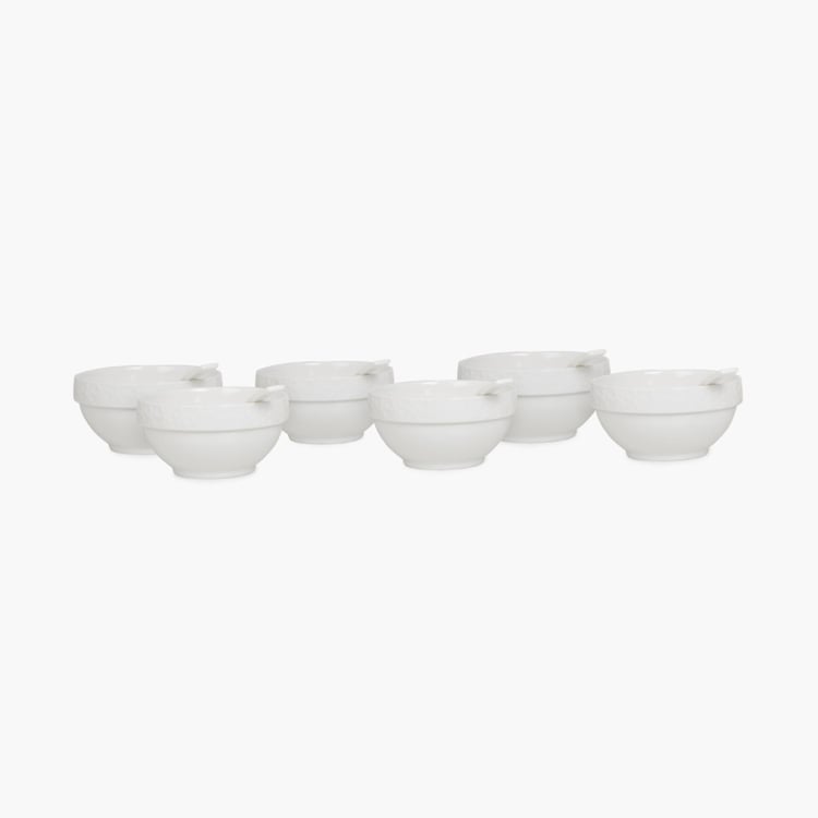Theon Solid Sets - Porcelain - Soup Bowl 11 cm x 11 cm x 6 cm, 13 kg - Spoon 4 cm -White -Microwave Compatible