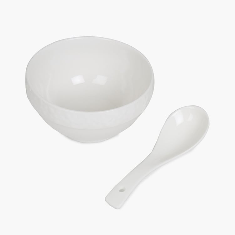 Theon Solid Sets - Porcelain - Soup Bowl 11 cm x 11 cm x 6 cm, 13 kg - Spoon 4 cm -White -Microwave Compatible