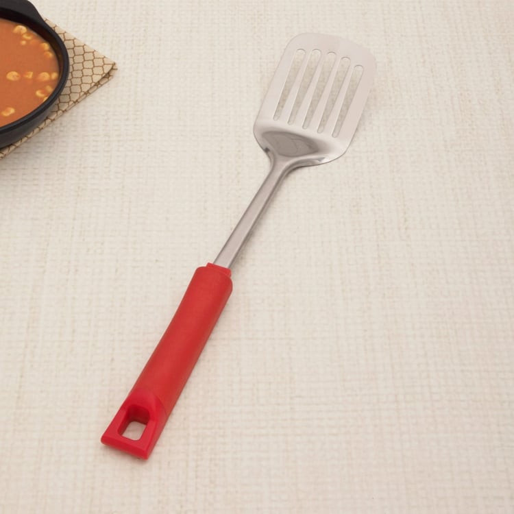 Elite-Magnus Solid Spatulas Stainless Steel - Slotted Turner - 37 cm x 7.5 cm - Red