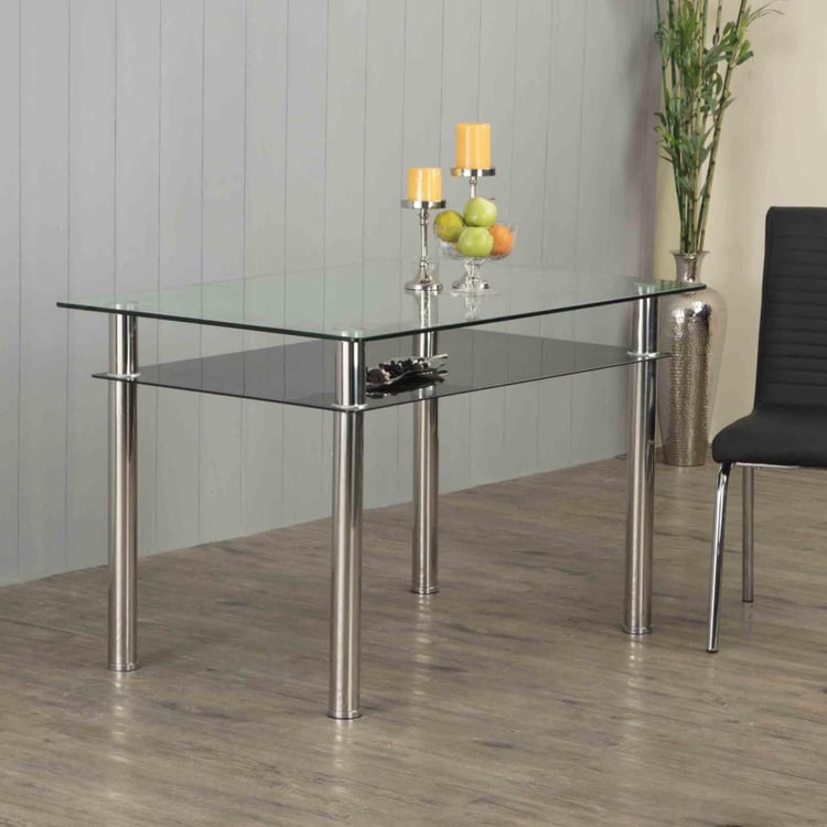 Floris Tempered Glass And Stainless Steel Dining Table- 6 Seater - Transparent-Without Chair