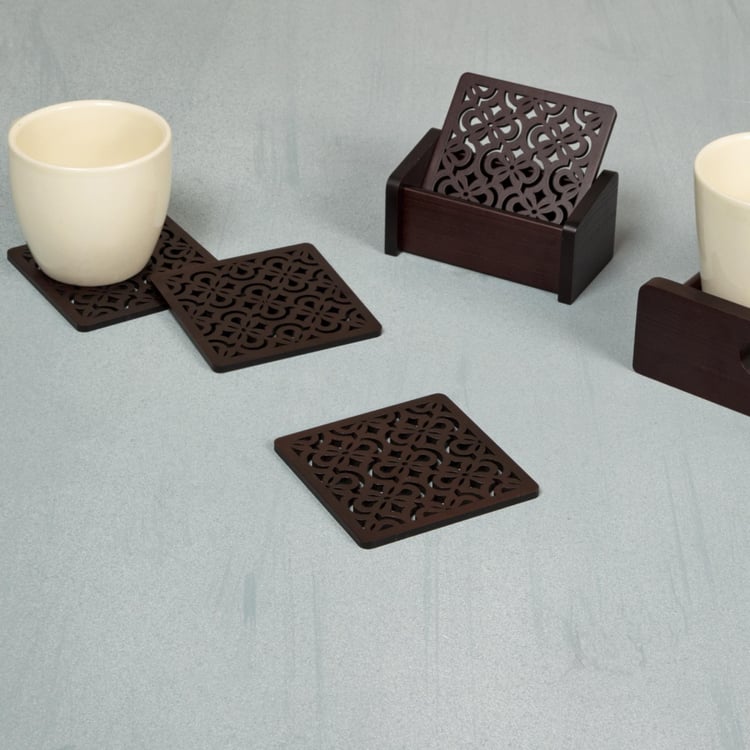 Oakland Textured Brown Coaster with Holder - Set of 4 - 10 cm