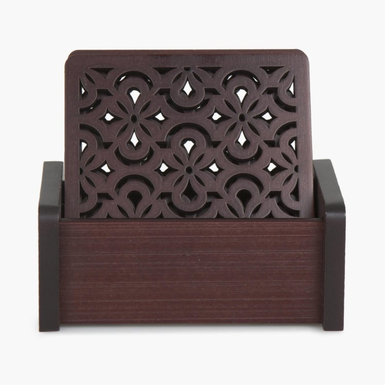 Oakland Textured Brown Coaster with Holder - Set of 4 - 10 cm