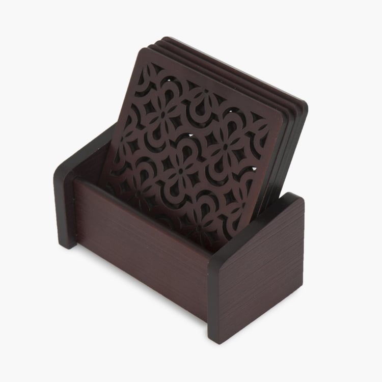 Oakland Textured Brown Coaster with Holder - Set of 4 - 10 cm