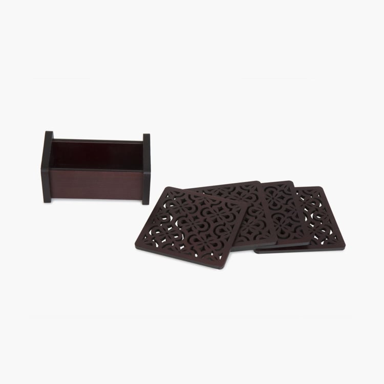 Oakland Textured Brown Coaster with Holder - Set of 4 - 10 cm