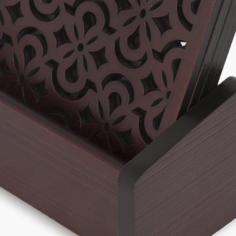 Oakland Textured Brown Coaster with Holder - Set of 4 - 10 cm