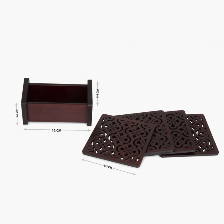 Oakland Textured Brown Coaster with Holder - Set of 4 - 10 cm