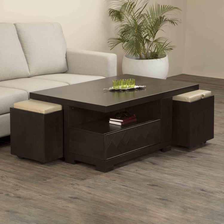 Petals Coffee Table With Drawer and Two Stools With Storage