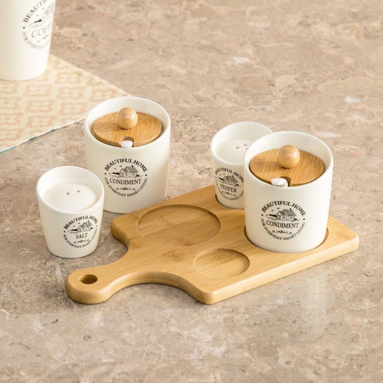 Beautiful Home Ceramic 4-Piece Condiment Set with Bamboo Tray & Spoon