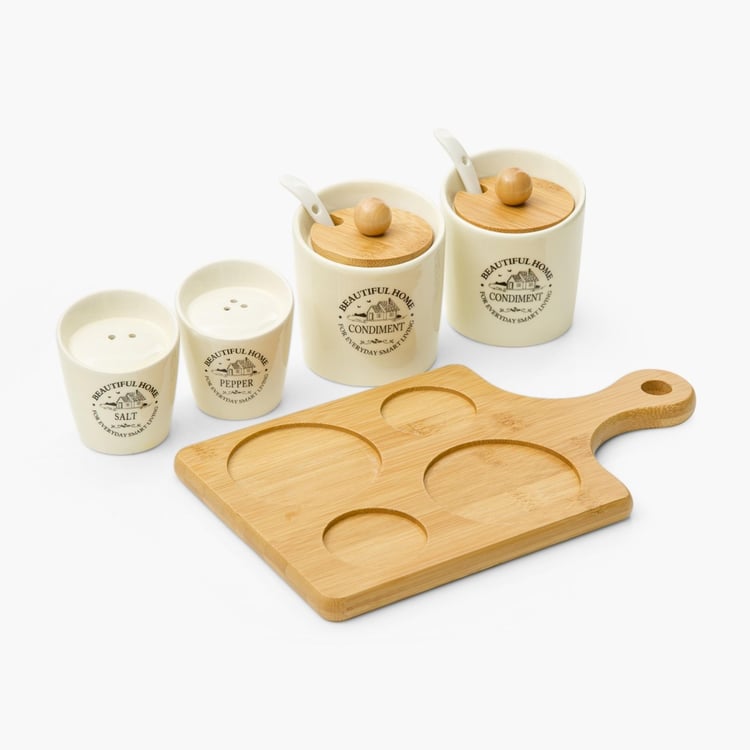 Beautiful Home Ceramic 4-Piece Condiment Set with Bamboo Tray & Spoon