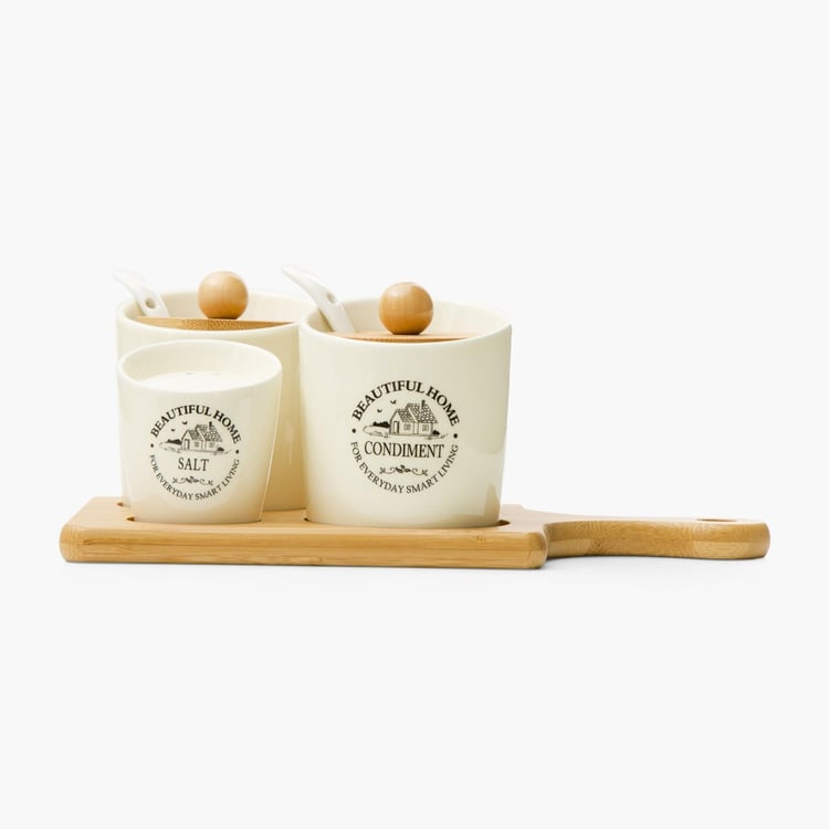 Beautiful Home Ceramic 4-Piece Condiment Set with Bamboo Tray & Spoon