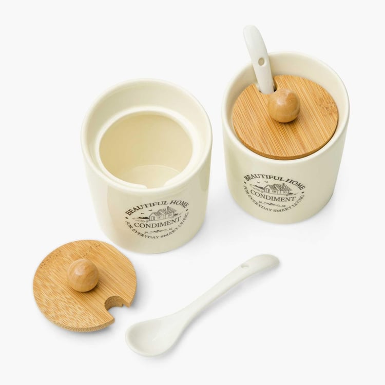 Beautiful Home Ceramic 4-Piece Condiment Set with Bamboo Tray & Spoon