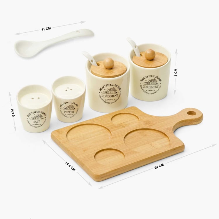 Beautiful Home Ceramic 4-Piece Condiment Set with Bamboo Tray & Spoon