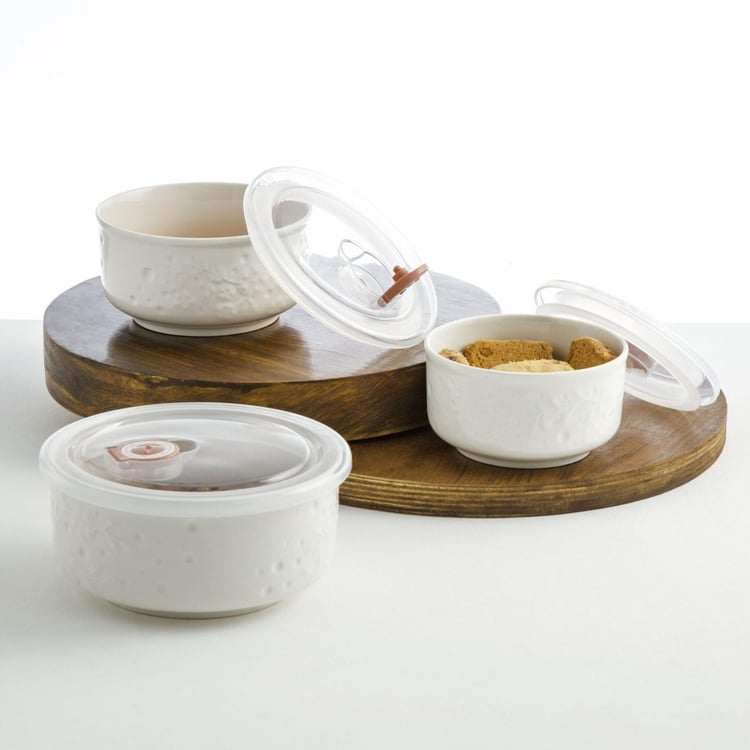 Theon-Evan Textured Sets - Porcelain - Big Bowl 16 cm x 16 cm x 7.5 cm - Medium Bowl 13 cm x 13 cm x 6.5 cm - Small Bowl 12 cm x 12 cm x 6 cm -White -Microwave Compatible