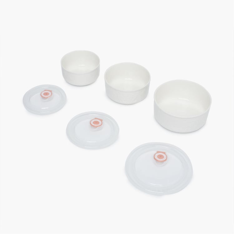 Theon-Evan Textured Sets - Porcelain - Big Bowl 16 cm x 16 cm x 7.5 cm - Medium Bowl 13 cm x 13 cm x 6.5 cm - Small Bowl 12 cm x 12 cm x 6 cm -White -Microwave Compatible